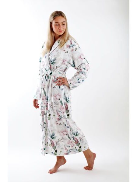 Dámský dlouhý župan s šálovým límcem Calypte Květiny a kolibříci