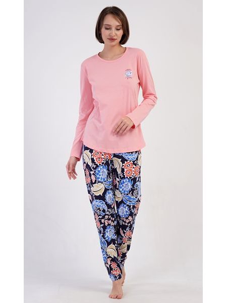 Dámské pyžamo dlouhé Květy - světle lososová