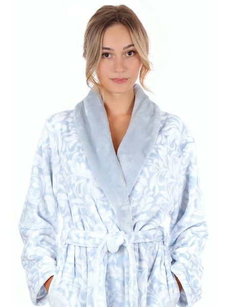Dámský dlouhý župan se šálovým límcem FLORA světle modrá/bílá