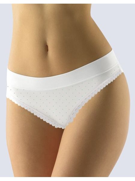 Dámské kalhotky bokové se širokým bokem, širší bok, šité, s krajkou, s potiskem Disco Basic 16141P - bílá aqua