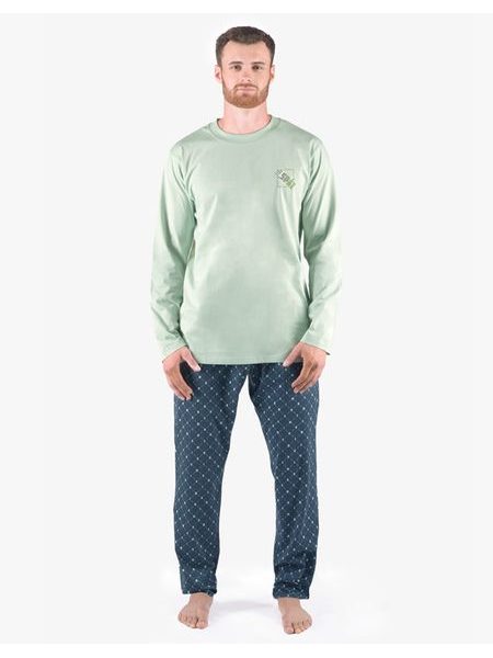 Pánské pyžamo dlouhé pánské, šité, s potiskem Pyžama 2024 79171P - šedozelená petrolejová