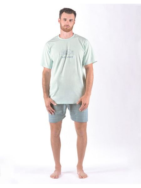 Pánské pyžamo krátké pánské, šité, s potiskem 79174P - sv. šedá měsíc