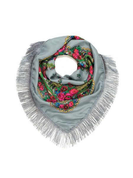 Šedý folkový šátek s dlouhými třásněmi
