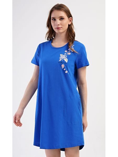 Dámské domácí šaty s krátkým rukávem Květy - modrá
