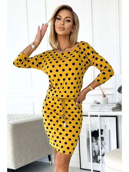 Šaty s kapsami - hořčicová s černými puntíky