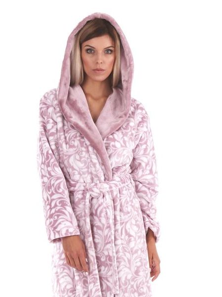Dámský dlouhý župan s kapucí FLORA starorůžová/bílá