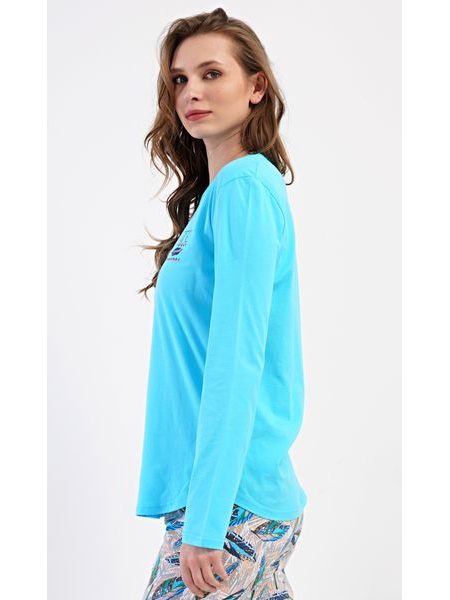 Dámské pyžamo dlouhé Listy - tyrkysová