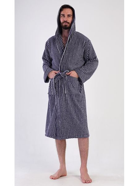 Pánský župan s kapucí Proužek - tmavě modrá