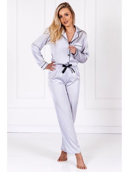Dlouhé saténové pyžamo Classic look stříbrné