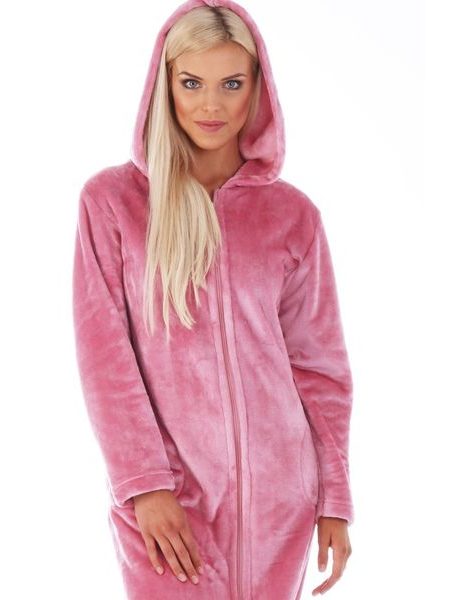 Dámský dlouhý hřejivý župan s kapucí a se zipem SIENA růžová