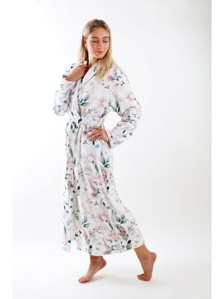 Dámský dlouhý župan s šálovým límcem Calypte Květiny a kolibříci