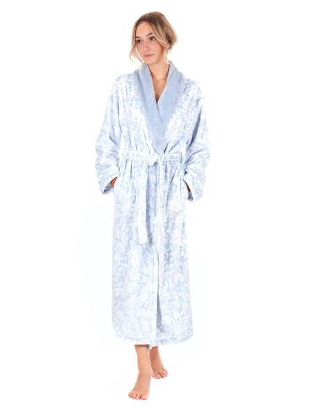 Dámský dlouhý župan se šálovým límcem FLORA světle modrá/bílá