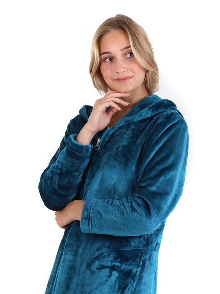 Dámský dlouhý hřejivý župan s kapucí a se zipem SIENA petrolejová