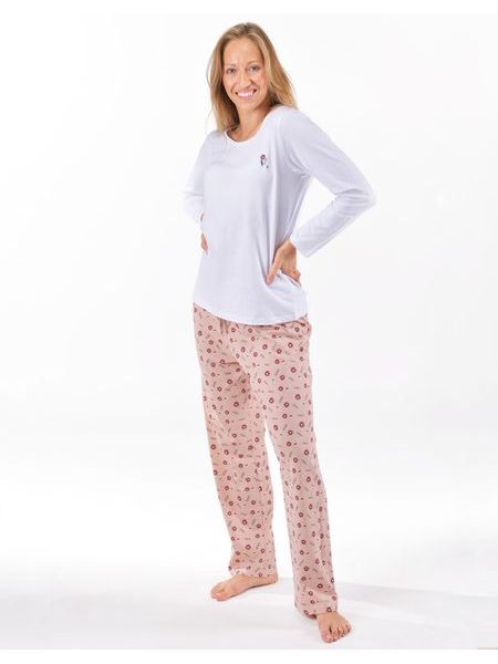 Dámské pyžamo dlouhé dámské, šité, s potiskem 19167 - bílá šedohnědá