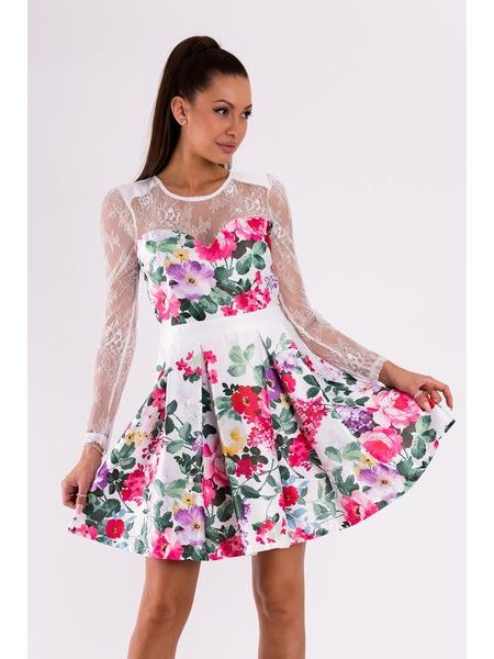 Květinové šaty s krajkovým topem a rukávy