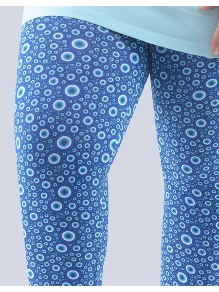 Dámské kalhoty 3/4 pyžamové dámské, 3/4 kalhoty, šité, bokové, s potiskem 19804P - lékořice aqua