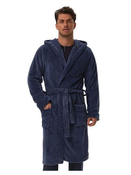 Hřejivý pánský župan Hood modrý s výšivkou