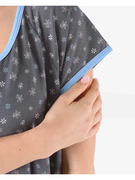 Dámská košilka noční krátký rukáv, šité, s potiskem 19176 - tm. šedá pomnenková