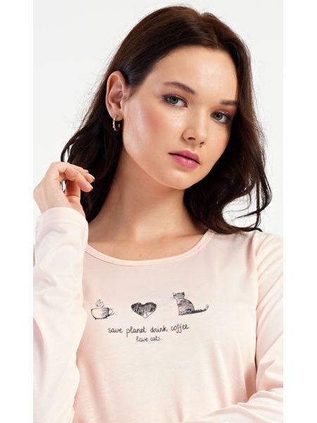 Dámské pyžamo dlouhé Kočka - světle lososová