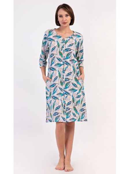 Dámské domácí šaty s tříčtvrtečním rukávem Listy - tyrkysová