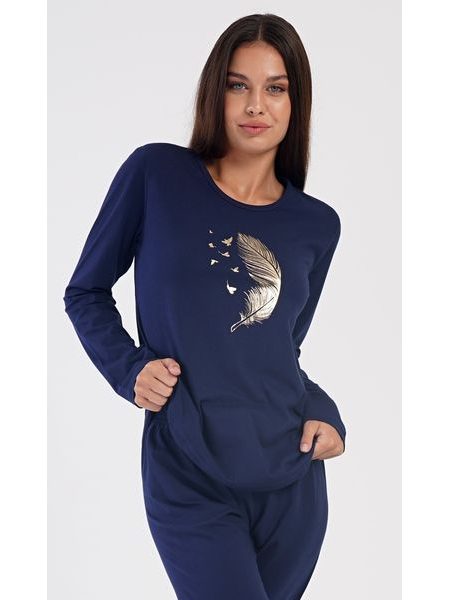 Dámské pyžamo dlouhé Peří - tmavě modrá