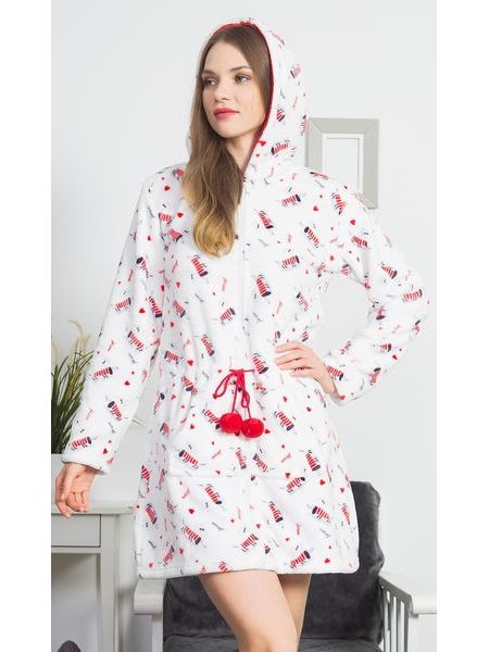 Dámský župan krátký s kapucí na zip Jezevčík - bílá