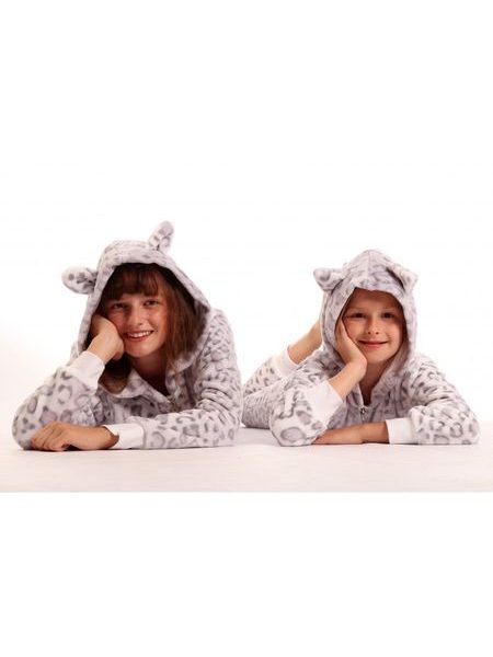 Dětský hebký overal s kapucí IRBIS leopardí vzor šedá