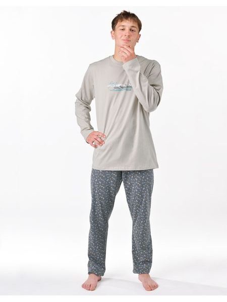 Pánské pyžamo dlouhé, šité, s potiskem 79191 - sv. šedá tm. šedá