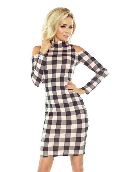 Šaty v černorůžovém vzorku s krátkým roláčkem a výřezy na ramenou