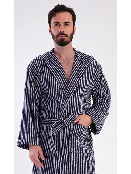 Pánský župan s kapucí Proužek - tmavě modrá
