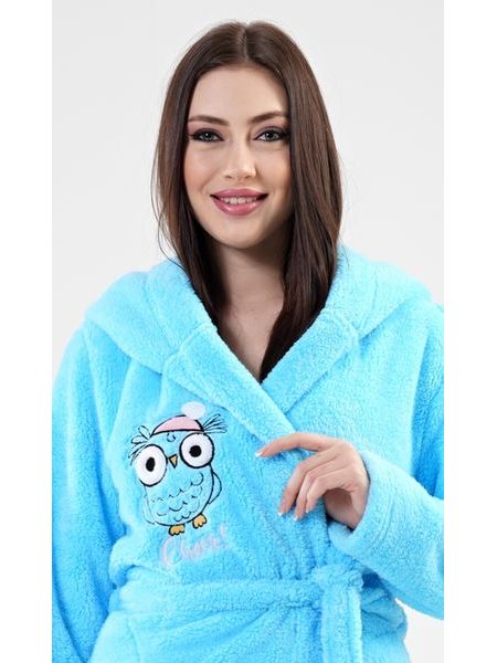 Dámský župan krátký s kapucí Sova - tyrkysová
