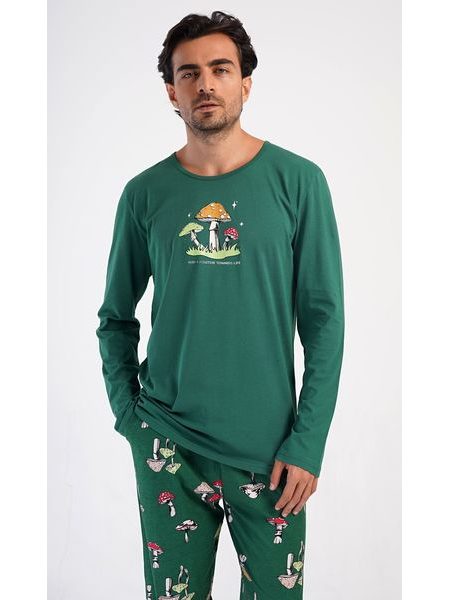 Pánské pyžamo dlouhé Muchomůrky - tmavě zelená