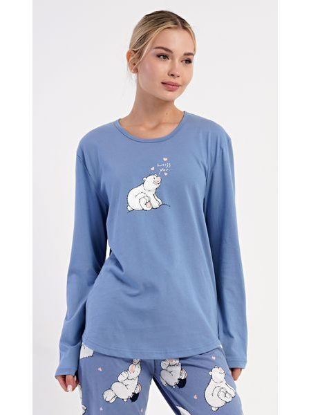 Dámské pyžamo dlouhé Méďa a tučňák - modrošedá