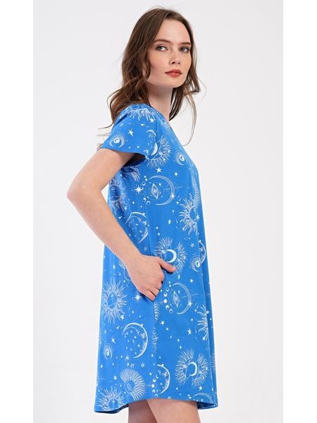 Dámské domácí šaty s krátkým rukávem Měsíc - modrá