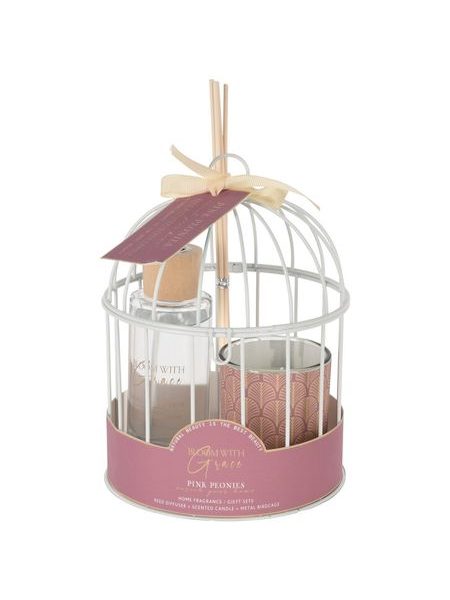 Dárková sada bílá klec, skleněný difuzér a vonná svíčka, pink