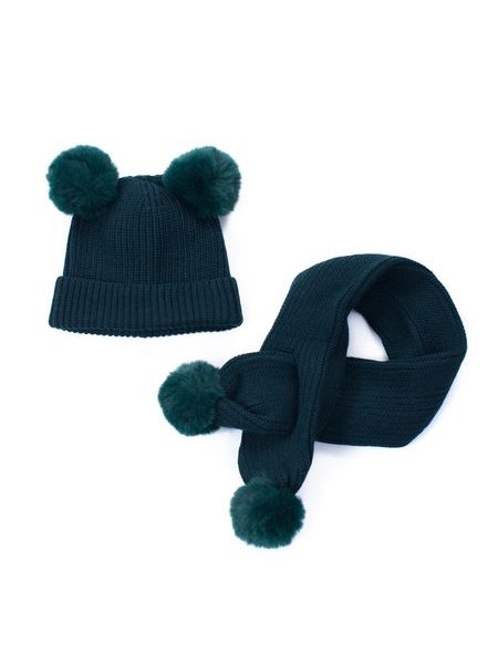 Dětská čepice a šála s bambulemi tmavě zelená