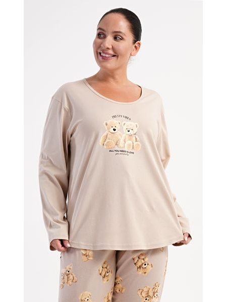 Dámské pyžamo dlouhé Méďové - béžová