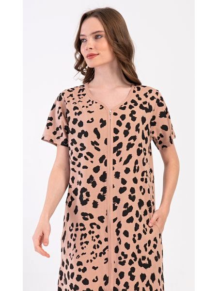 Dámské domácí šaty s krátkým rukávem Leopard - béžová