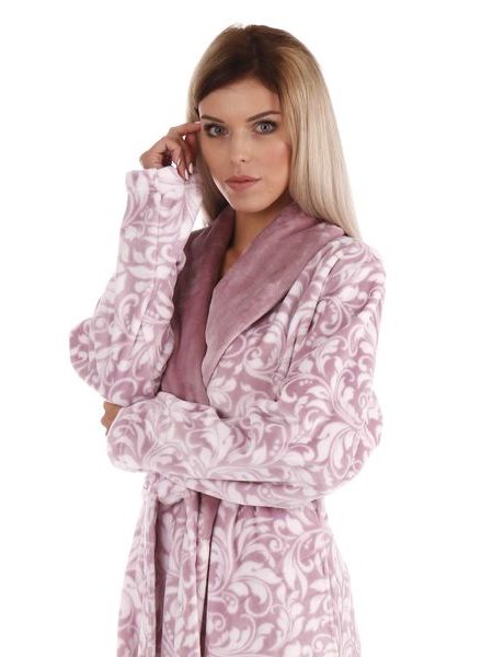 Dámský dlouhý župan se šálovým límcem FLORA starorůžová/bílá