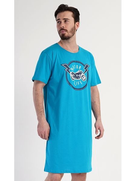 Pánská noční košile s krátkým rukávem Motocycle - tyrkysová