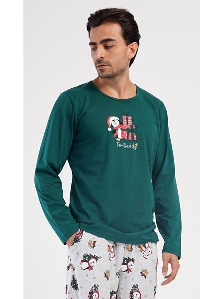 Pánské pyžamo dlouhé Tučňák s dárkem - tmavě zelená