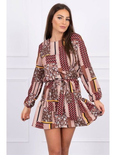 Vzorované šaty s vázáním, velbloudí hnědá