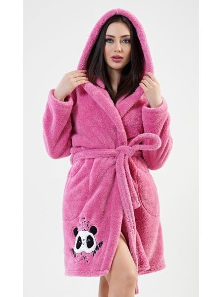Dámský župan krátký s kapucí Panda - tmavě růžová