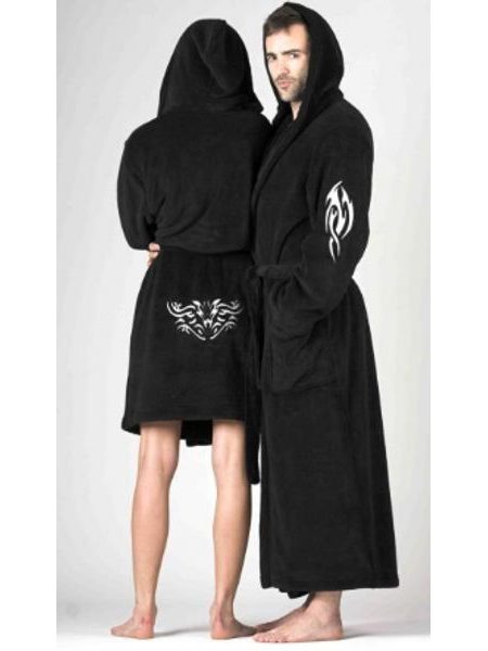 Dámský 3/4 savý župan TRIBAL s kapucí a výšivkou černá