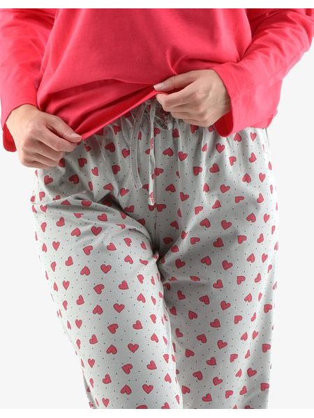Dámské dlouhé pyžamo se srdíčkovým vzorem 19137P - třešňová, sv. šedá