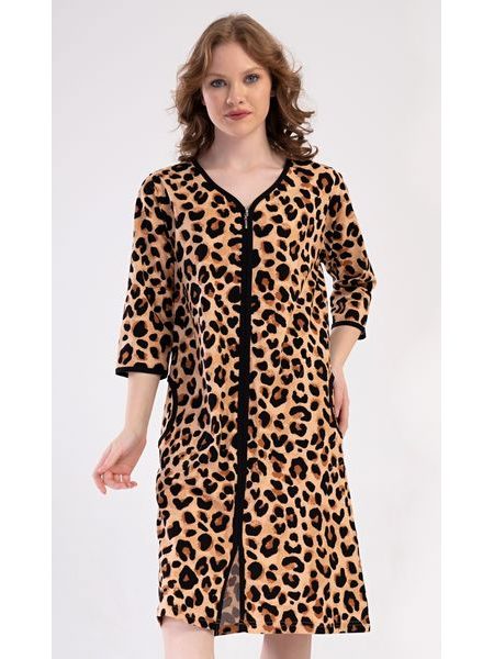 Dámské domácí šaty s tříčtvrtečním rukávem Leopard - hnědá