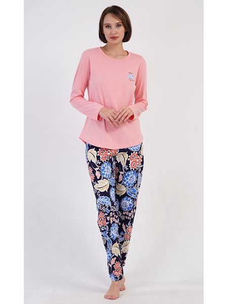 Dámské pyžamo dlouhé Květy - modrá