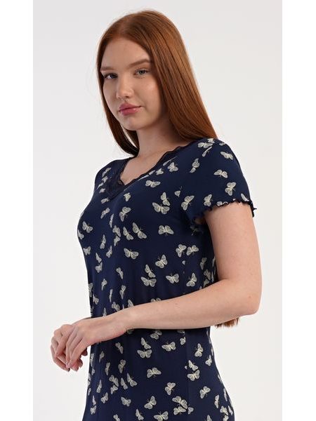 Dámská noční košile s krátkým rukávem Motýlci - tmavě modrá