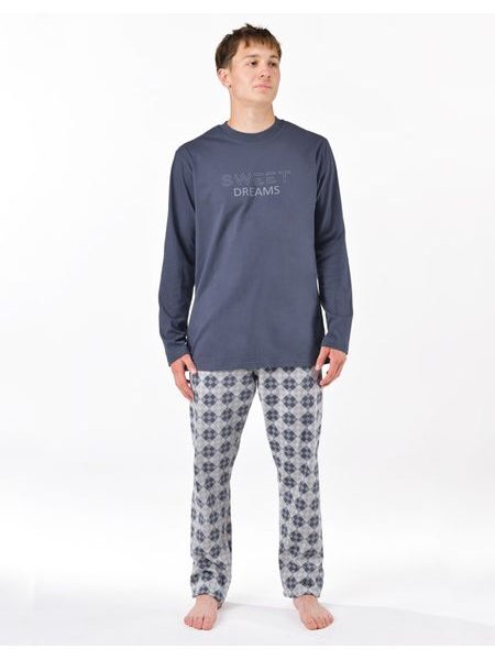 Pánské pyžamo dlouhé, šité, s potiskem 79205 - tm. šedá
