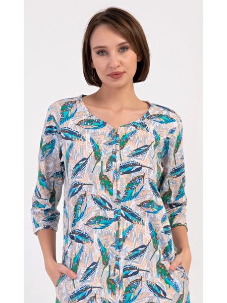 Dámské domácí šaty s tříčtvrtečním rukávem Listy - tyrkysová